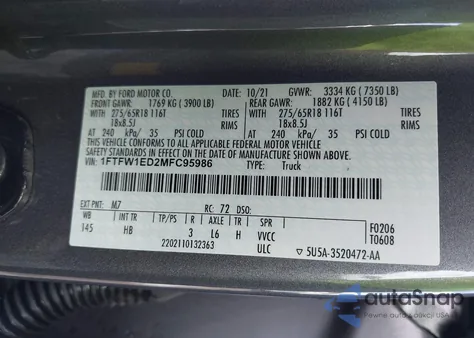 2021 Ford F-150 Lariat z USA, uszkodzony, nr VIN 1FTFW1ED2MFC95986